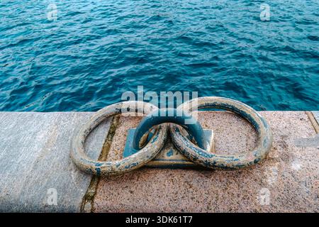 Old Metal Mooring Rings on Stone Pier, Sea Water on Background, Nautical Harbor Detail Stock Photo