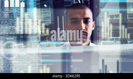 Programmer, thinking or man with hologram, software update or connection for web development. Employee, IT specialist or person with coding skills Stock Photo