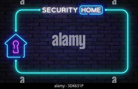 Neon home security sign with house and key icon on brick background. Futuristic glow emphasizes safety, protection, and smart home systems. Stock Vector