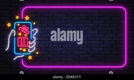 Neon smartphone with gift icon and stars inside glowing frame. Creative style fits giveaways, promotions, or digital rewards themes. Stock Vector