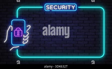 Neon security frame with smartphone and lock icon on dark brick wall. Futuristic glow emphasizes data protection, privacy, and digital safety concepts Stock Vector