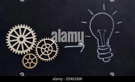 Creative Thinking and Problem Solving Concept with Wooden Gears and Hand Drawn Light Bulb on Blackboard Stock Photo