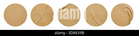 Set of Blank Round Kraft Paper Stickers with Texture and Peeling Corners Isolated on White Background Stock Photo