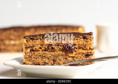 Piece of cake with soft crust, walnut filling and dried cranberry. Delicious treat covered with melted chocolate on a white background Stock Photo