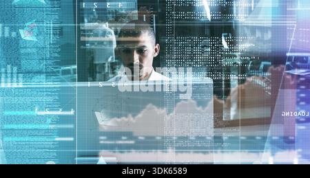Hologram, man and coding on computer in office with data analysis, system update and debugging. Night, programmer or UI dashboard with overlay for Stock Photo