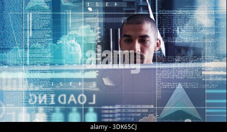 Programming, hologram and man on tech in office with loading code, system update and debugging. Programmer, person and computer with overlay for Stock Photo