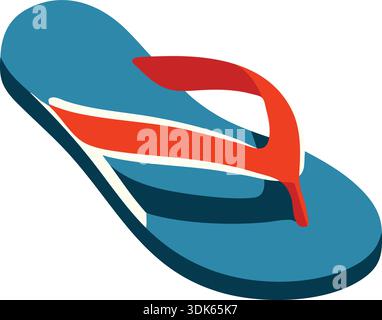 Flat illustration of a blue flip flop sandal with a red strap shown from above at an angle Stock Vector