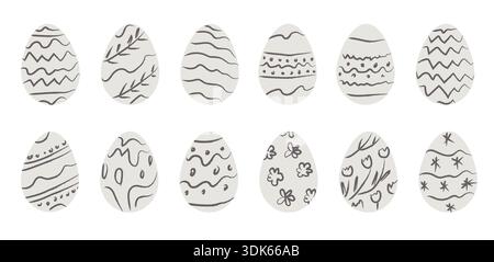 Hand drawn Easter egg collection with simple decorative patterns. Minimal spring holiday egg set in sketch line style for greeting cards, seasonal Stock Vector