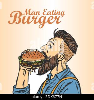 A bearded hipster man enthusiastically eating a large burger vector illustration. Stock Vector