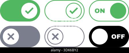 Vector set of green and gray toggle switches in filled and outlined styles with check and cross icons, including ON and OFF text versions. Stock Vector