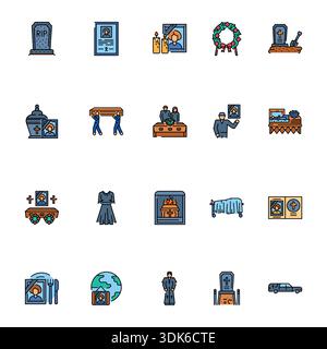 Funeral service black line icons set. Vector isolated element. Editable stroke. Stock Vector