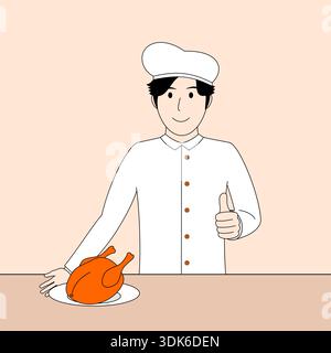 Chef is giving a thumbs up, to a plate of food. The plate has a piece of chicken Stock Vector