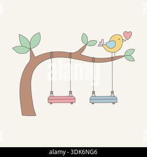 Small Yellow Songbird Perched on Tree Branch with Two Empty Swings and a Pink Heart Stock Vector