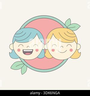 Two Happy Children Smiling Together In Minimal Circular Frame With Leaves Stock Vector