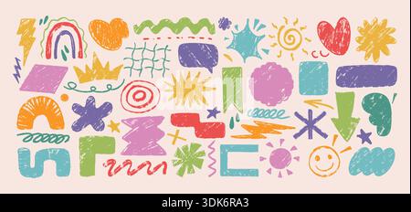Playful hand drawn abstract shapes, speech bubbles, text boxes, doodles with crayon texture. Cute naive symbols, squiggles, colorful geometric kids element, simple figure art. Children design stickers Stock Vector