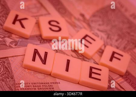 Blocks with the abbreviation KSEF NO, standing for negatives about National E-invoice System, are placed against a background of loosely spread Polish Stock Photo