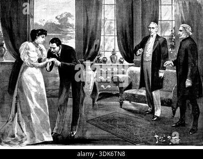 "A Leader of Men," the new play at the Comedy Theatre, 1895. London stage production. 'Mrs. Dundas (Miss Marion Terry}. Robert Llewellyn (Mr. Fred Terry): "True as truth, itself." Lord Killarney (Mr. W. Dennis). Archdeacon Baldwin (Mr. J. Carne). 'Mr. Ward...shows us a Prime Minister who takes three lumps of sugar in his tea, and behaves like a rather feeble family physician. The hero is a Labour leader who falls in love with a married woman, and alarms his party by showing an inclination to sacrifice everything to his passion...I cannot say that the mixture of political an Stock Photo