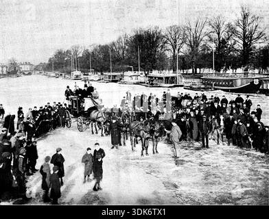 Coaching on the Isis at Oxford, 1895. 'Every neighbourhood has been displaying lately its own special "winter effects." Barometers and thermometers have been read as diligently as the daily paper, and the compilers of local history have proudly added another page of records about the severe cold. Wherever possible, events have taken place as extraordinary as the weather. For instance, there has been, as shown in one of our Illustrations, coaching on the Isis. Not that "coaching" with which undergraduates are familiar, nor the coaching connected with the historic Boat Race, Stock Photo
