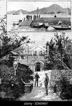 The War in Eastern Asia: where the unsuccessful Chinese Embassy resided at Nagasaki, 1895. 'LANDING AT NAGASAKI OF THE CHINESE PEACE EMBASSY...The Japanese naval squadron made an attack on the small islets of Pescadores, off the...island of Formosa, and effected a landing there. The northern ports of Formosa are blockaded by Japanese ships. Li-Hung-Chang, the Chinese Plenipotentiary Ambassador for terms of peace with Japan, while daily attending the conferences with Count Ito and Viscount Mutsu, at Simonoseki, was on Saturday, March 23, assaulted by a lunatic assassin...he was shot at with a p Stock Photo