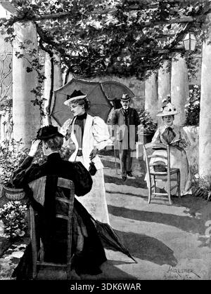 Adam Johnstone's Son:...When Clare and her mother had established themselves as usual on the terrace under the vines that afternoon, Brook came and sat beside them for a while, 1895. Illustration by Amédée Forestier, to a serialised novel by Francis Marion Crawford. From "Illustrated London News", 1895. Stock Photo