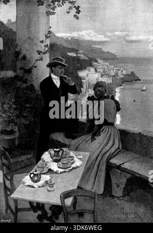 Adam Johnstone's Son: Johnstone sat down upon the wall, while Clare leaned over it, 1895. Illustration by Amédée Forestier, to a serialised novel by Francis Marion Crawford. From "Illustrated London News", 1895. Stock Photo
