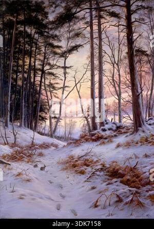 Afterglow, 1912. Painted in the Forest of Birse on the Finzean estate, it captures the pink glow in the evening sky and the bluish shadows cast on the snow-covered woodland. As the quiet of evening descends, rabbits make their twilight foray, oblivious to the painter's presence. Stock Photo