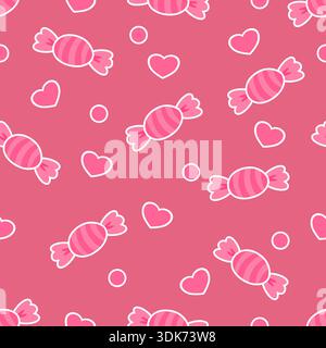 Sweet candy seamless pattern on pink background with hearts and dots. Cute vector illustration for Valentine's Day, wrapping paper, wallpaper, textile Stock Vector