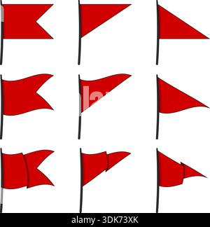 Red flag vector set on transparent background. Flags on flagpoles with bold outlines featuring various styles, shapes, and movements Stock Vector