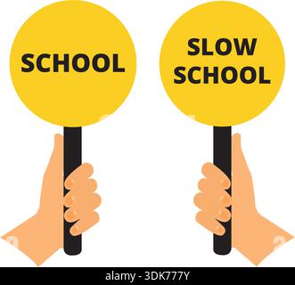 Hand holding school and slow school round signs isolated on a white background Stock Vector