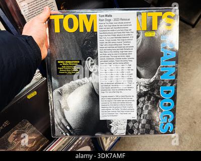 Manchester, UK - January 21, 2026: Vilyl Rain Dogs album cover featuring Tom Waits text in yellow and blue on a vinyl sleeve, artful and nostalgic. Stock Photo