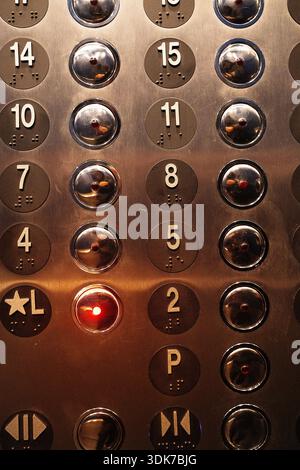 metal buttons in an elevator Stock Photo