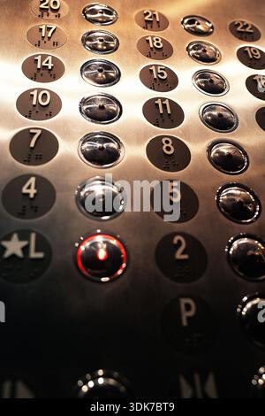 metal buttons in an elevator Stock Photo