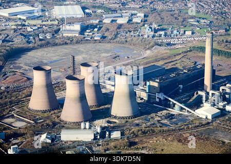 A drone shot of Fiddlers Ferry Power station & Cooling Towers, near Runcorn, Merseyside, north west England, UK Stock Photo