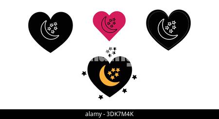 Heart With Moon And Stars Icons In Black And Color Variants For Romantic Celestial Theme Stock Vector