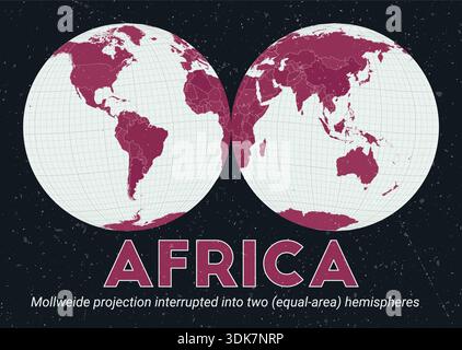 Africa. World map. Mollweide projection interrupted into two (equal-area) hemispheres centered to Africa. Pale Mint Dark Pink palette. Stock Vector