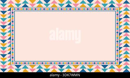 A vibrant geometric triangle border in a fun festive color palette, with a blank center for custom text. The retro style frame, poster or card also in Stock Vector