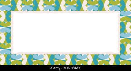 A vibrant green and blue abstract Bauhaus heart border, frame with a white space. Spring nature and ecology love border. This geometric, retro design Stock Vector