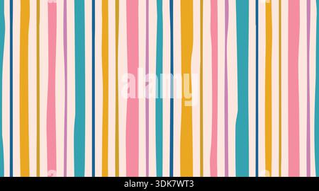 A colorful seamless vertical stripe pattern with irregular, hand drawn lines. This striped retro design in pink, blue, teal, and yellow is great for f Stock Vector