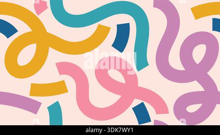 A fun, colorful seamless pattern of abstract curvy lines, doodles, and shapes on a neutral background. This retro style is perfect for kids' designs, Stock Vector