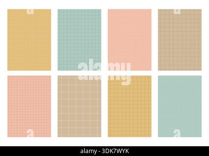 A collection of 8 pastel and muted colored paper textures with various grid, graph, and lined posters or cards. Ideal for backgrounds, digital noteboo Stock Vector