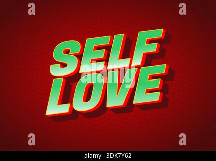 A vibrant graphic featuring the words SELF LOVE in bold, 3D typography with a red background and green accents. Stock Vector
