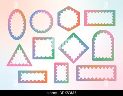 Pastel color gradient wavy edges geometric bold frames. Simple doodle squiggle shapes. Groovy cute girly vector frameworks, rectangle, oval, arch Stock Vector