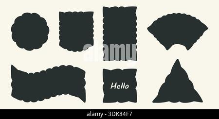 Abstract frame rectangle shapes, big text box set. Organic simple flat blob element. Wavy line zigzag irregular edge, black color curvy elements Stock Vector