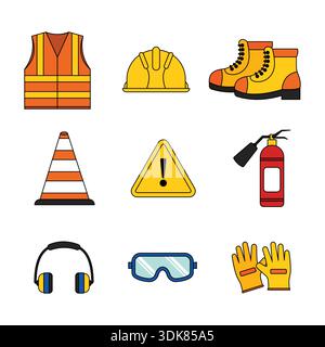 Essential Construction Safety Equipment in Flat Style Isolated on White Background Stock Vector