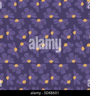 Seamless Floral Pattern Textured Hand-Drawn With Abstract Flowers And Crayon Hatching. Organic Blooming violet Daisies on Dark Purple Background. Vect Stock Vector