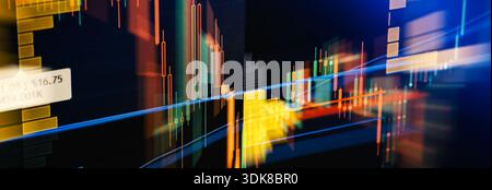 Colorful digital trading screen displaying candlestick chart, price levels, and a horizontal volume heatmap used for financial analysis. Stock Photo