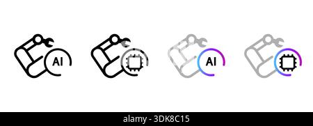 AI robotic arm icon set industrial automation manufacturing artificial intelligence technology featuring mechanical hand Stock Vector
