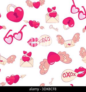 Seamless vector pattern with cute Valentine s Day elements including hearts, lips, love letters, arrows, wings, and romantic symbols. Playful pink col Stock Vector