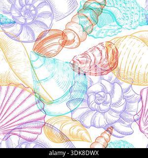 Multicolor hand drawn seashells on white background. Summer beach seamless pattern. Vector sketch illustration of sea shells. Tropical fashion textile Stock Vector