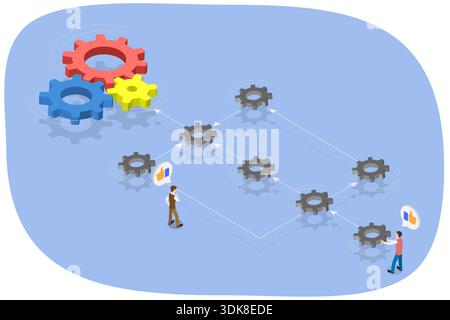 3D Isometric Flat Illustration of Technology Optimization, Workflow Automation With Flowchart, Business People Organizing Processing Management Using Gears Stock Photo